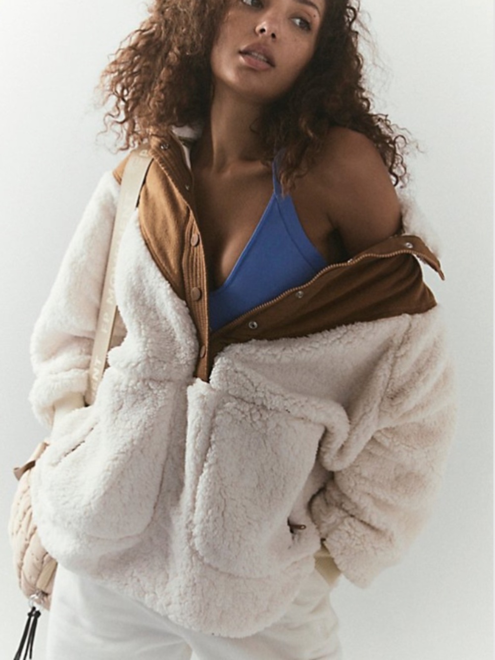 Free People Movement Teddy Fleece Pullover Jacket Cream Brown Small